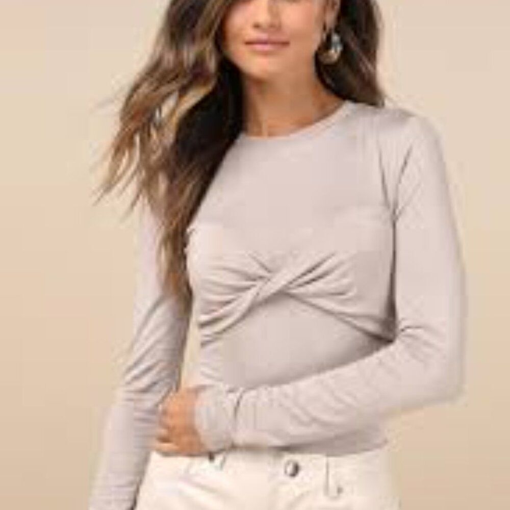 Lulus Bodycon Twist Bodice Crewneck Long Sleeve Thong Bodysuit Small Taupe